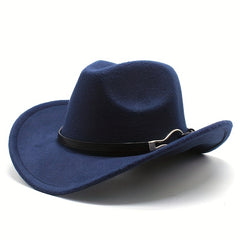 Classic Rolled Brim Cowboy Hat Belt Decor Jazz Fedora Cap Solid Felt Hat Unisex