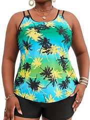 Tie Dye & Tropical Print Tankini Set Plus Size Swimsuit