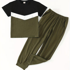 Boys Stitching T Shirt And Sweatpants Set Short Sleeve Top And Pants
