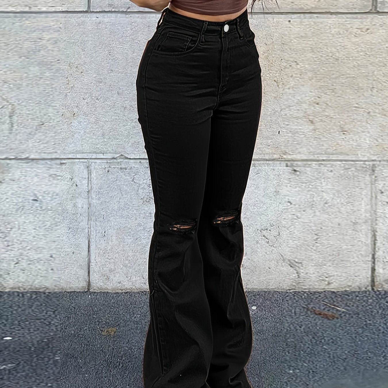 High Rise Ripped Knees Wide Legs Flare Jeans