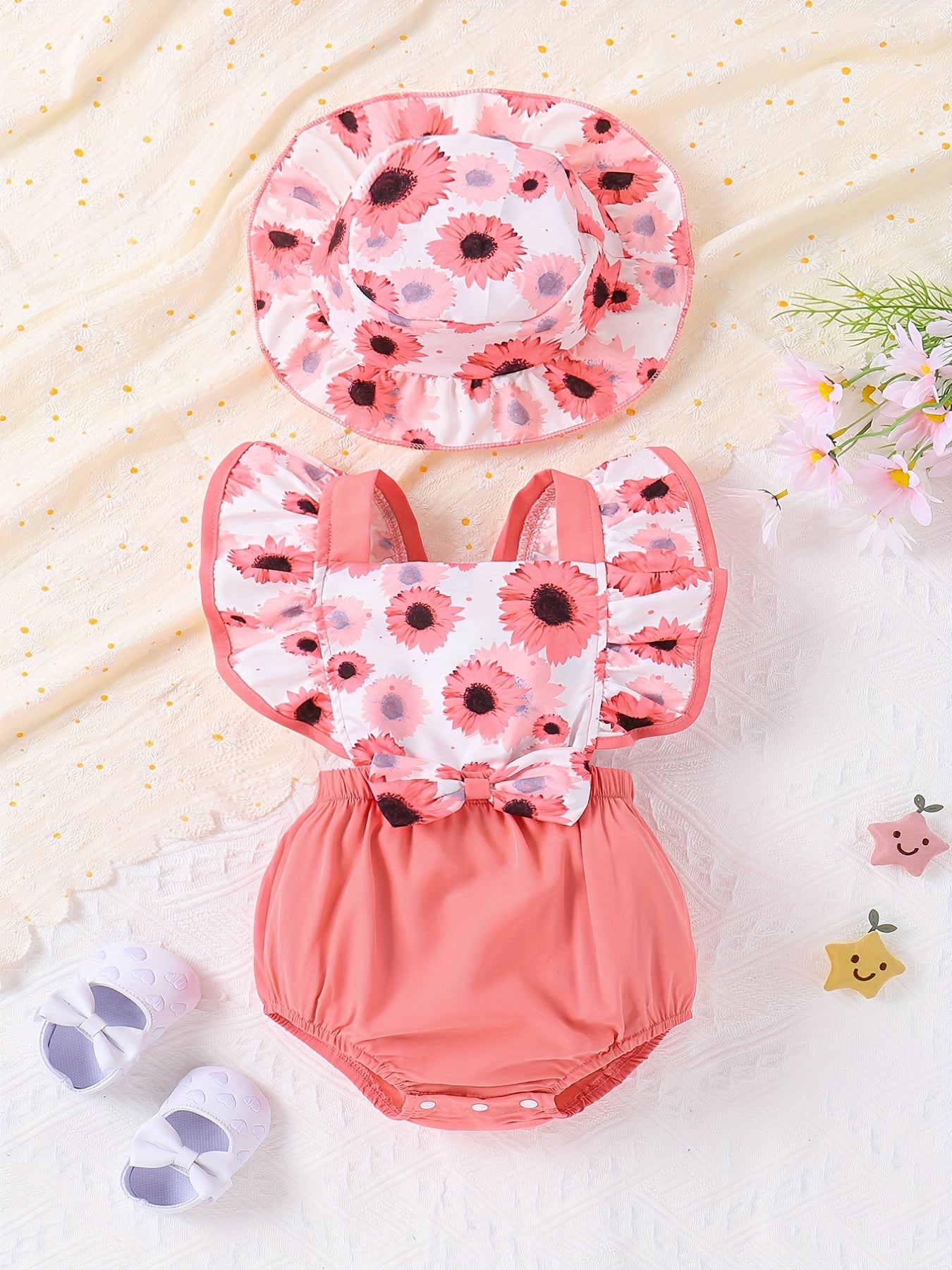 Baby Girls Sunflower Print Onesie & Hat Set