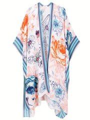 Casual Cover Up Floral & Stripe Print Bat Sleeve Kimono Shawl