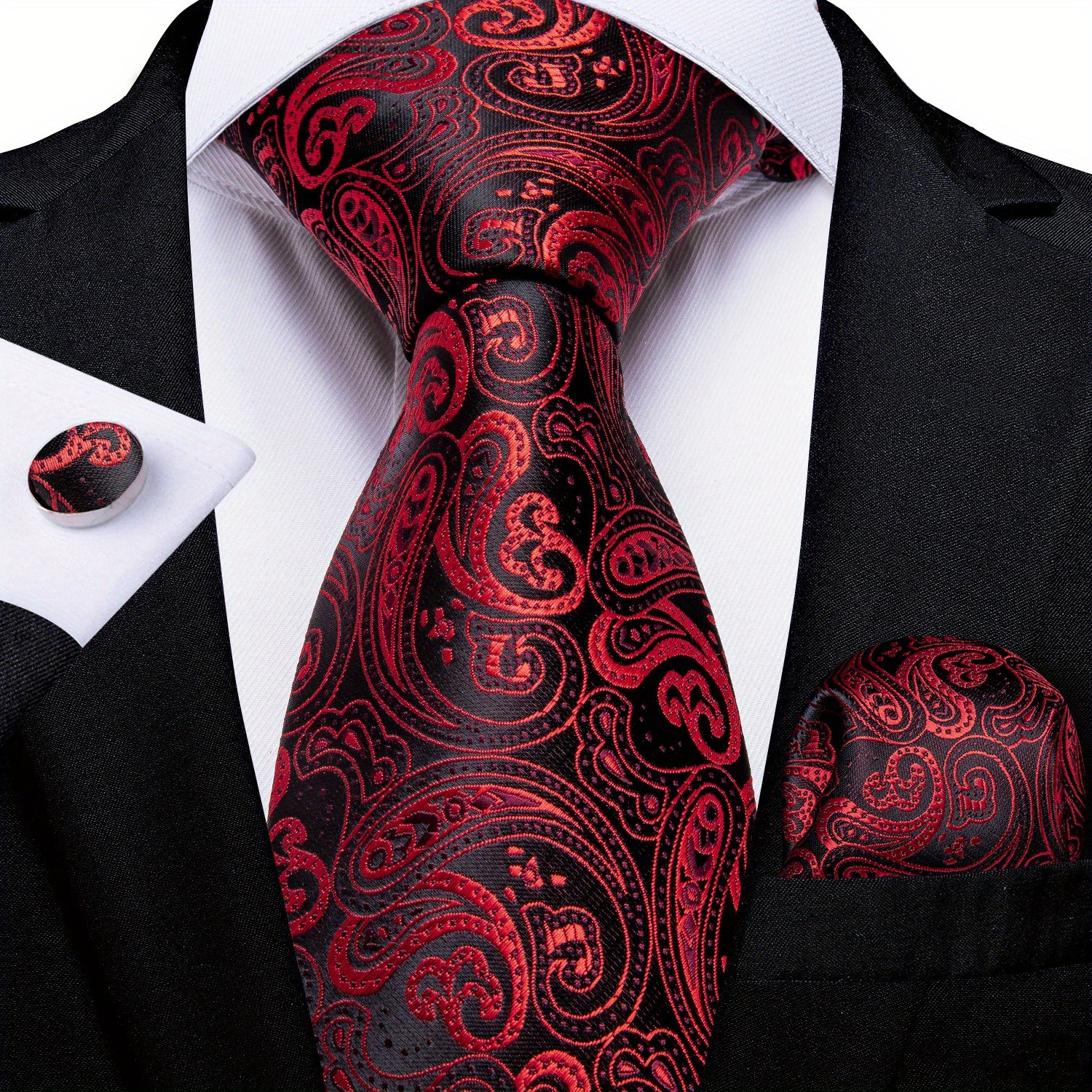 3pcs Mens Tie Wedding Business Red Necktie Hanky Cufflinks Jacquard Necktie