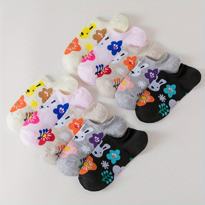 10 Pairs Girls Cartoon Rabbit Boat Socks, Breathable and Comfortable