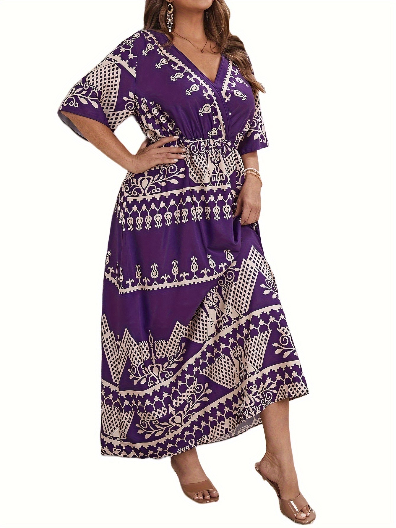Boho Dress Women's Plus Floral Print Surplice Neck Maxi Dress