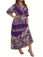 Boho Dress Women's Plus Floral Print Surplice Neck Maxi Dress