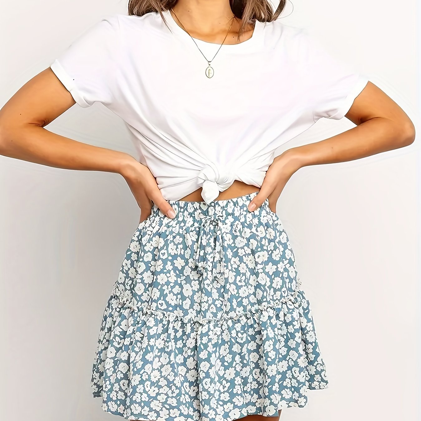 Floral Print Ruffle Trim Skirt Boho Drawstring Skirt