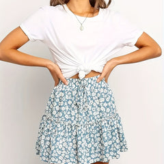 Floral Print Ruffle Trim Skirt Boho Drawstring Skirt