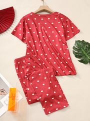 Heart Print Pajama Set Short Sleeve Top & Lounge Pants