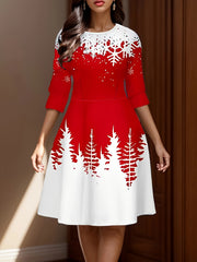 Tree & Snowflake Print Round Neck Dress