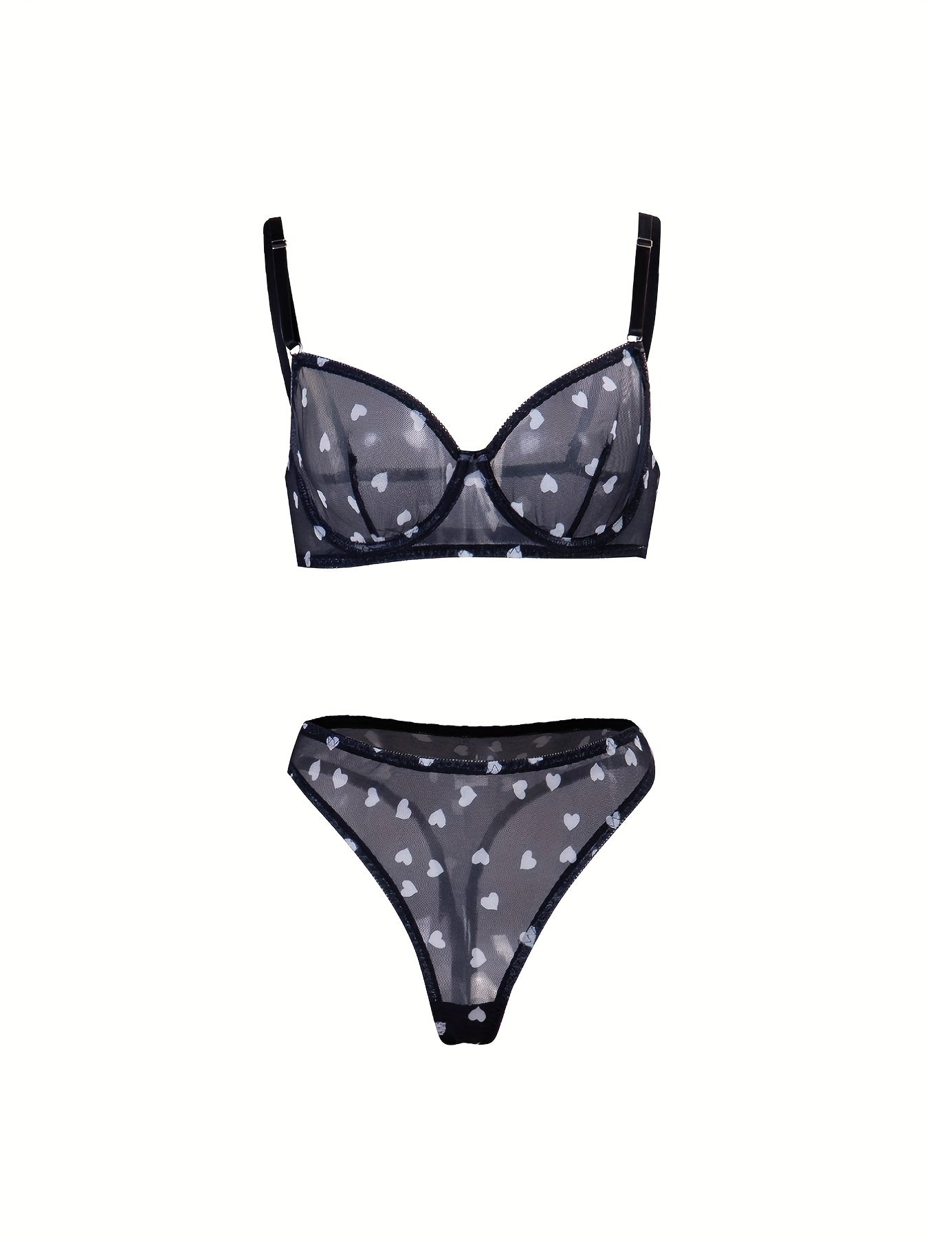 Heart Print Mesh Bra & Panty Lingerie Set