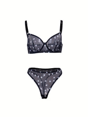 Heart Print Mesh Bra & Panty Lingerie Set