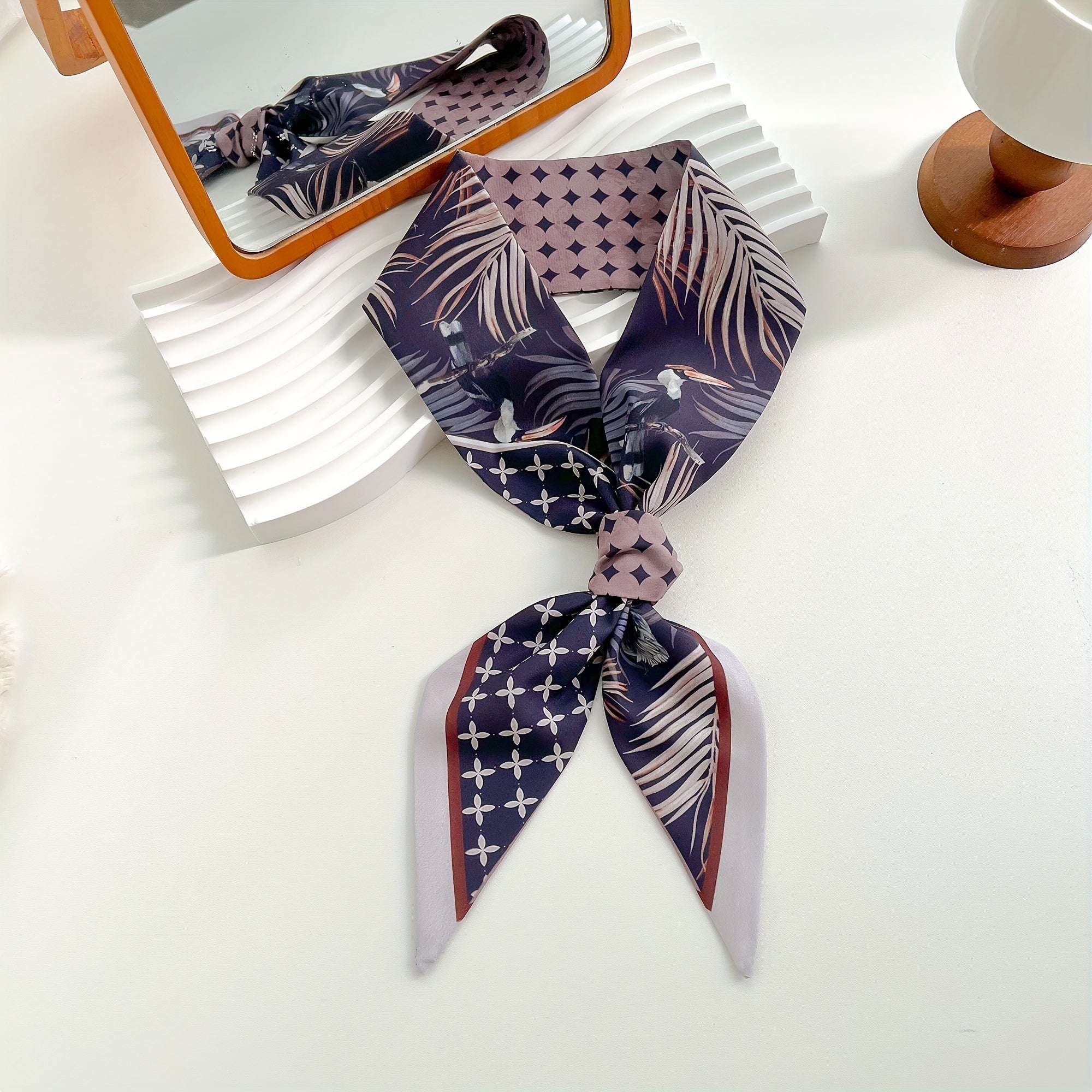 Bird Leaf Print Vintage Satin Twilly Scarf Neckerchief French Style Hair Ribbon