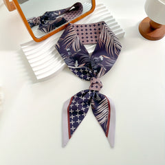 Bird Leaf Print Vintage Satin Twilly Scarf Neckerchief French Style Hair Ribbon