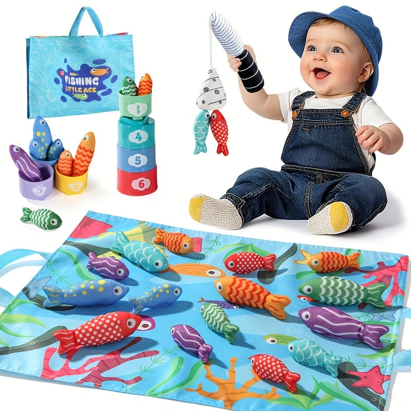 Kids Cloth Fishing Toys 2 Rods 18 Fish Cups Educational Set