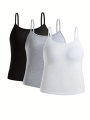 3 Pack Plus Size Sexy Cami Top Set Women's Plus Solid Round Neck Medium Stretch