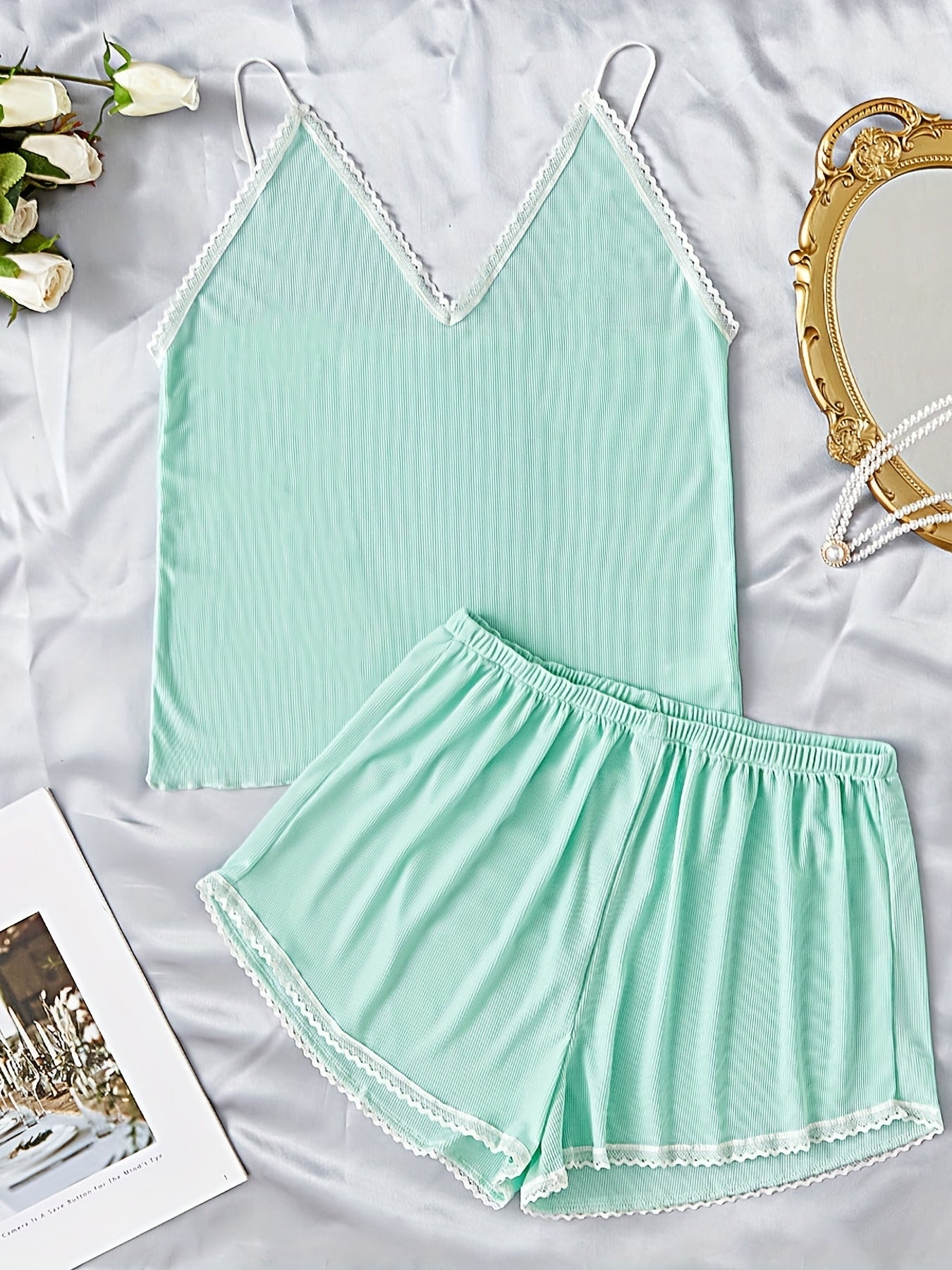 Lace Trim Lounge Set V Neck Cami Top & Elastic Waistband Shorts