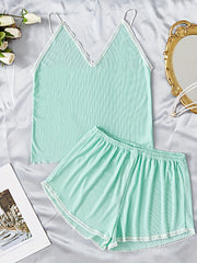 Lace Trim Lounge Set V Neck Cami Top & Elastic Waistband Shorts