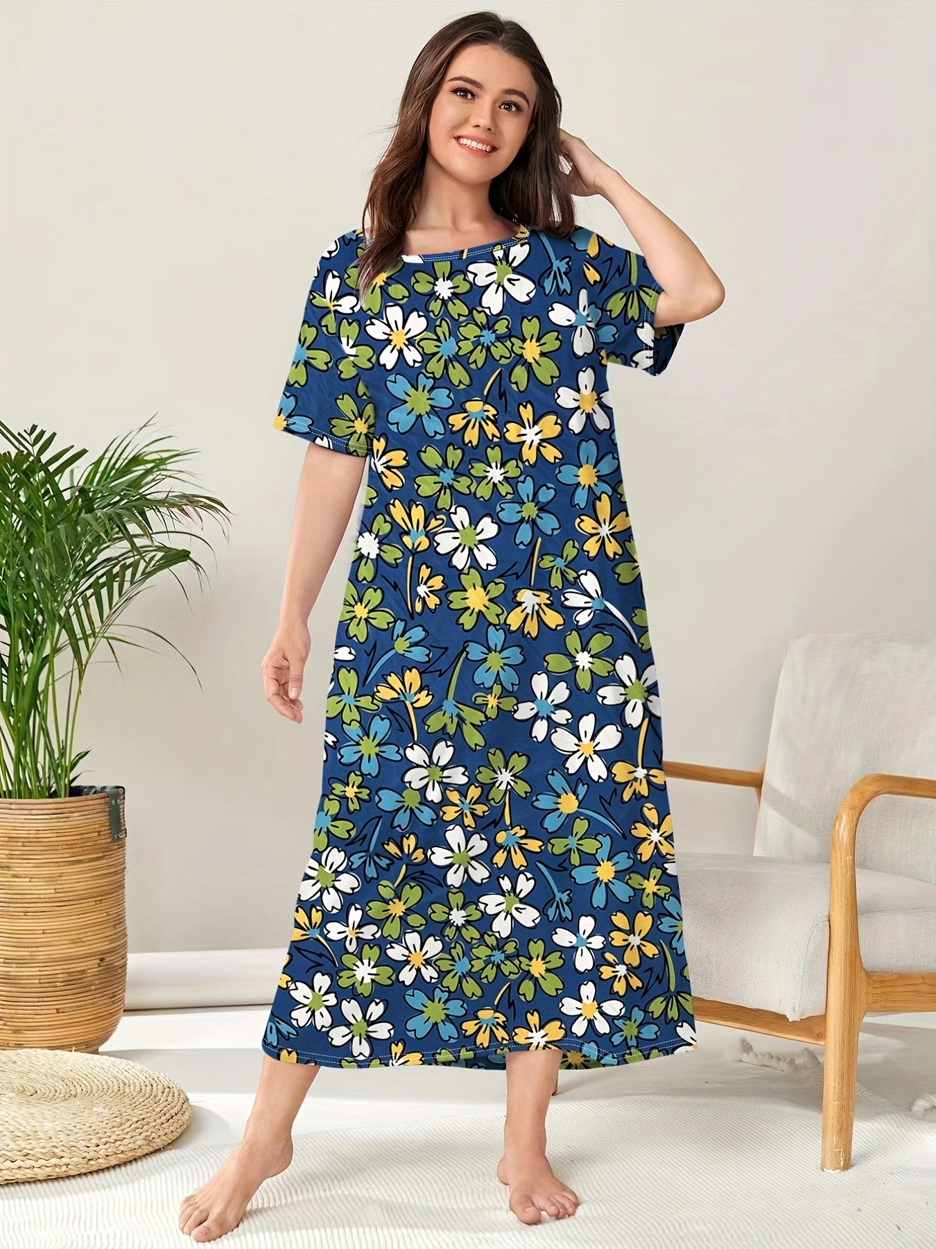Colorful Floral Print Plus Size Lounge Dress