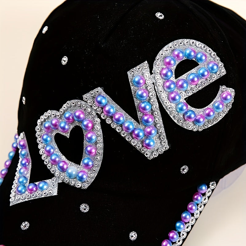 LOVE Patch Baseball Cap Rhinestone Pearl Decor Sun Hat Y2K Dad Hats