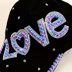 LOVE Patch Baseball Cap Rhinestone Pearl Decor Sun Hat Y2K Dad Hats