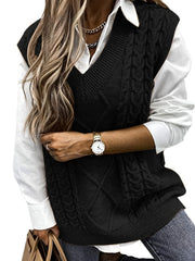 Preppy Sweater Vest Women's Plus Solid Argyle Knit V Neck Slight Stret