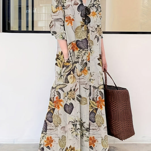 Retro Dress Women's Plus Leaf Print Long Sleeve Button Up