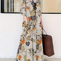 Retro Dress Women's Plus Leaf Print Long Sleeve Button Up
