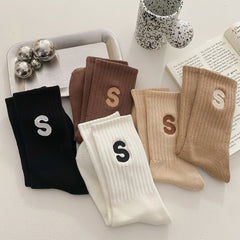 5 Pairs Letter S Embroidery Crew Socks for Women