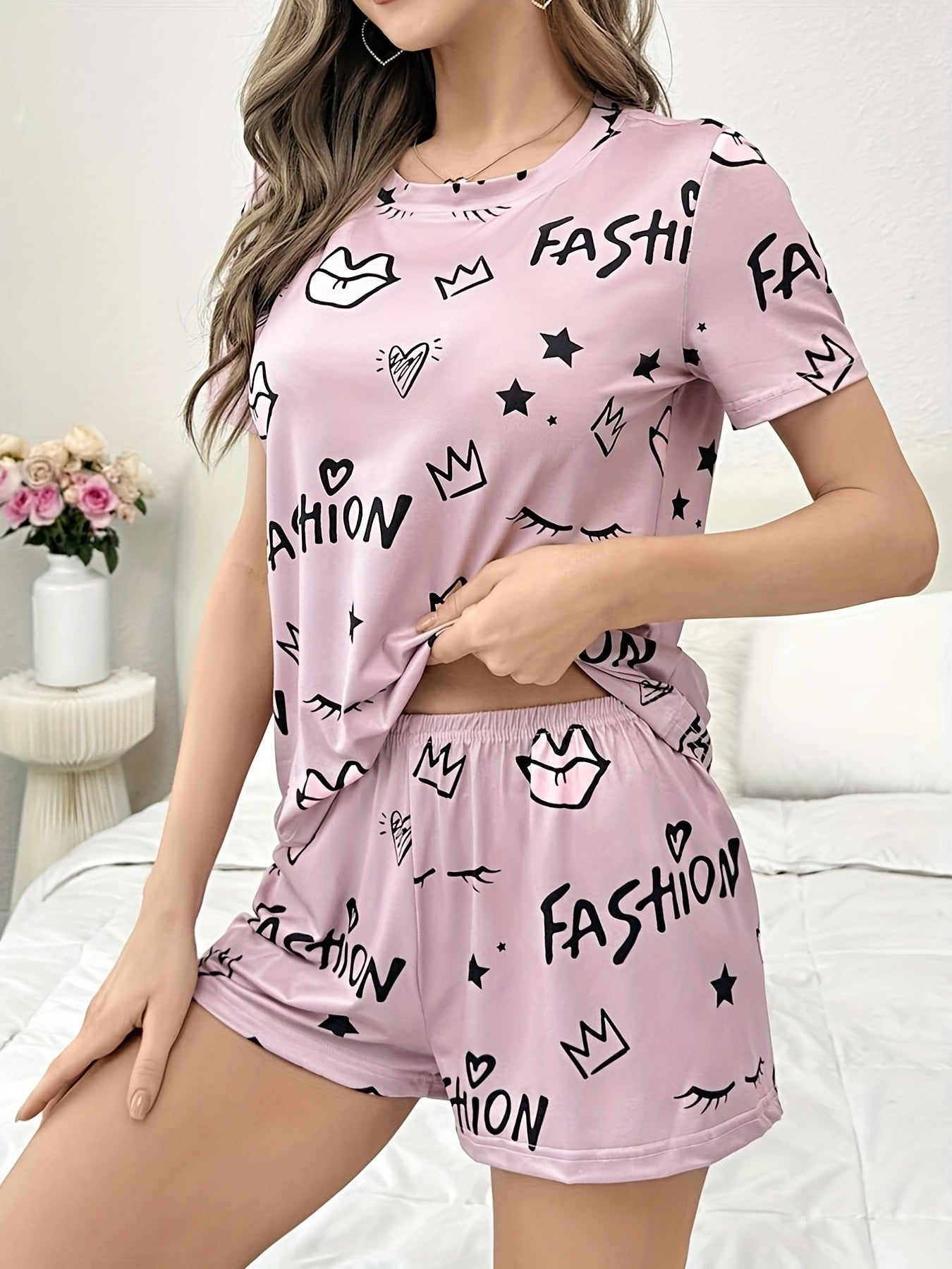 Letter Print Pajama Set Short Sleeve Crew Neck Top & Elastic Waistband Shorts