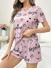 Letter Print Pajama Set Short Sleeve Crew Neck Top & Elastic Waistband Shorts