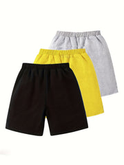 3pcs Boys Solid Cotton Shorts Quick drying Drawstring Shorts