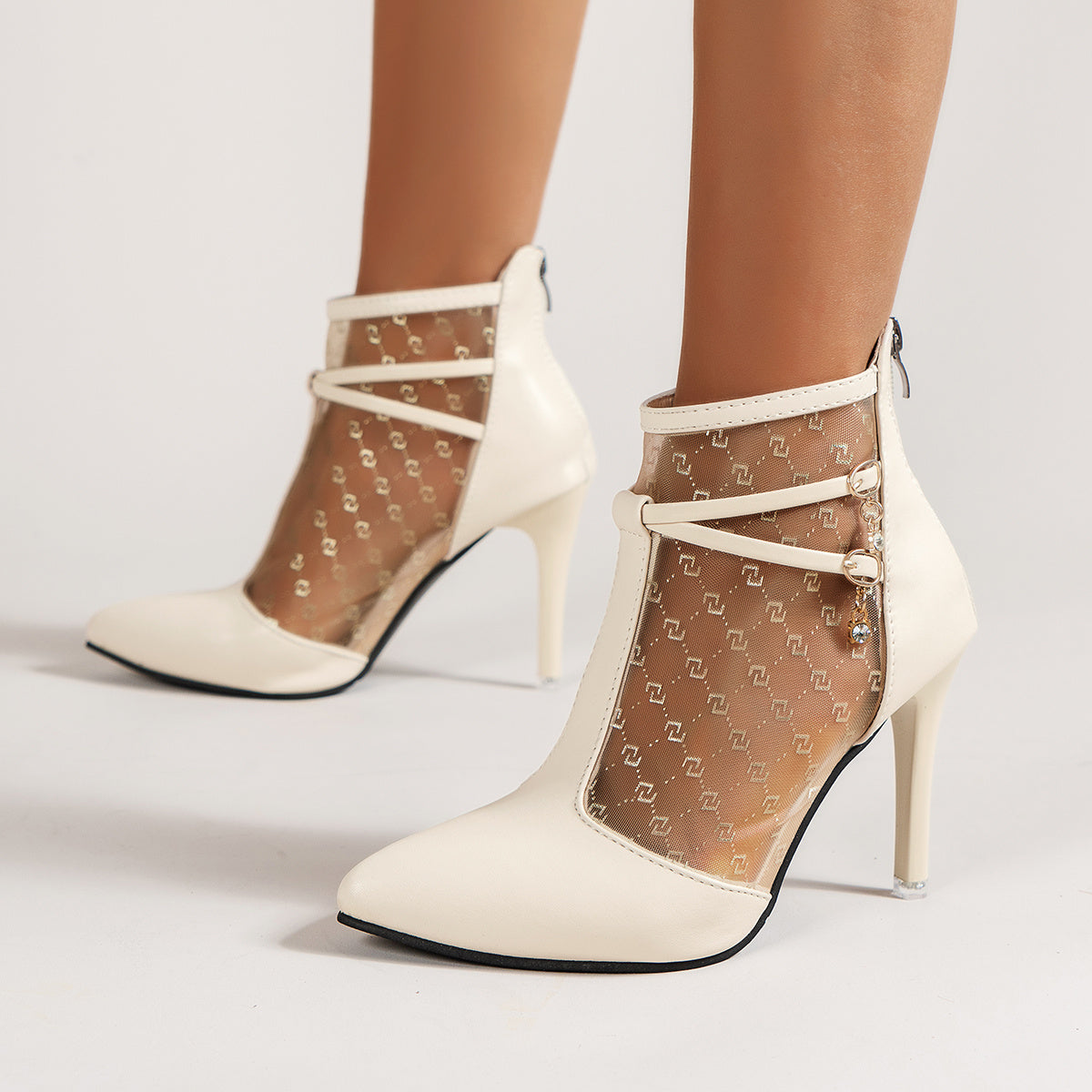 Mesh Pointed Toe High Heel Ankle Boots Stiletto Heeled Zip Back Women's Pumps