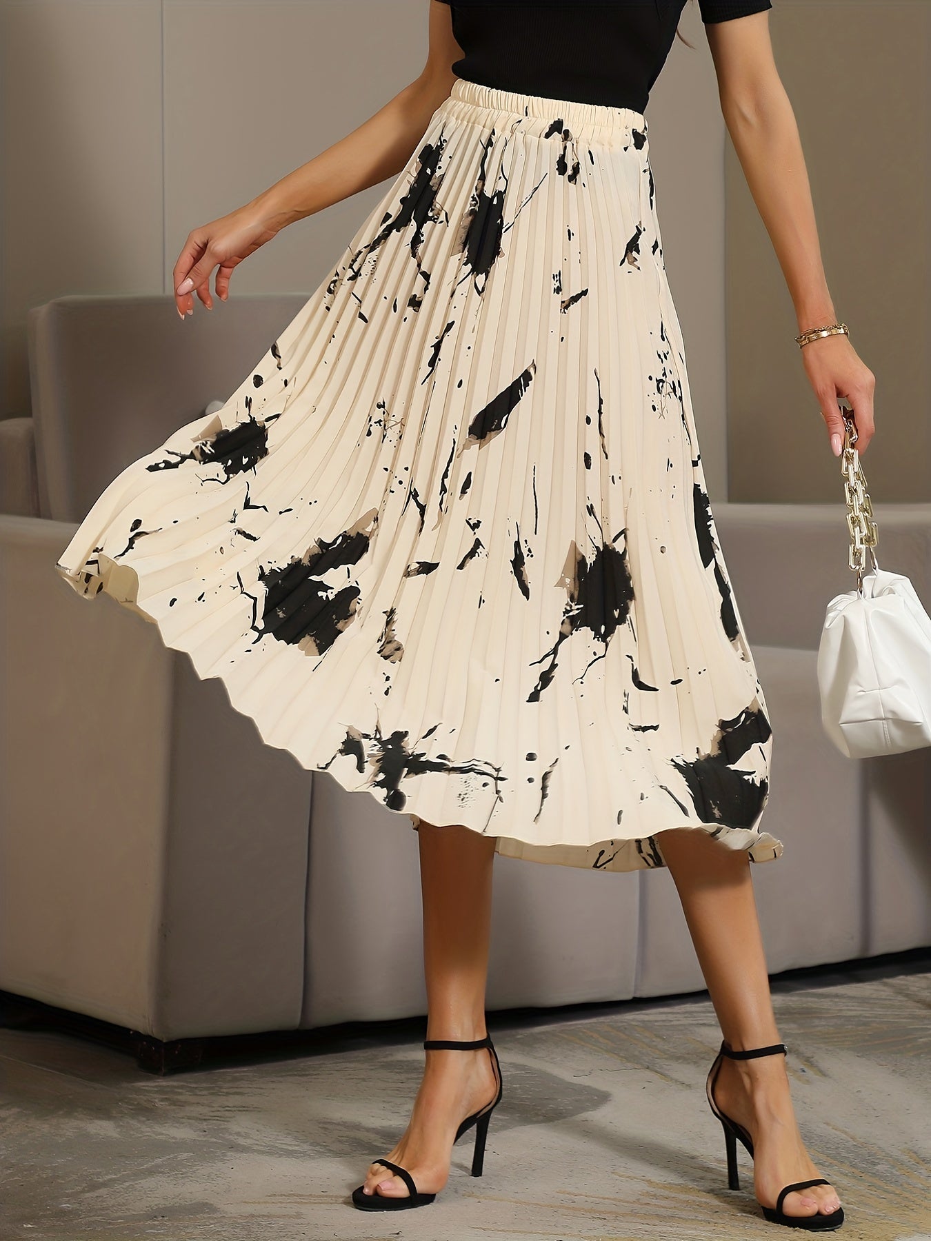 Graphic Print Pleated Skirt Elastic Waist Skirt for Spring & Summer
