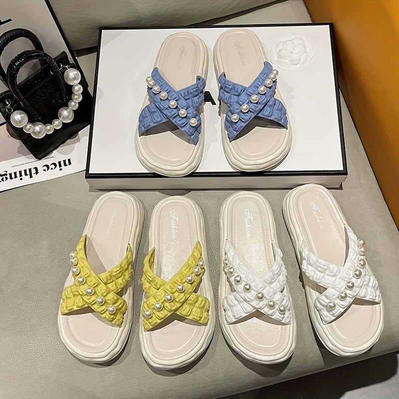 Women's Pearl Decor Sandals Open Toe Cross Strap Slip On Slippers