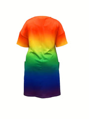Women's Ombre & Letter Print V Neck Dress With Pockets