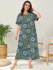 Boho Loungewear Dress Plus Size Floral Print Short Sleeve Round Neck
