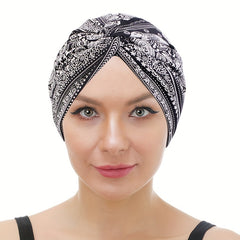 Boho Print Pleated Turban Hat Striped Head Wrap Cross Knot Stretchy Hijab Beanie