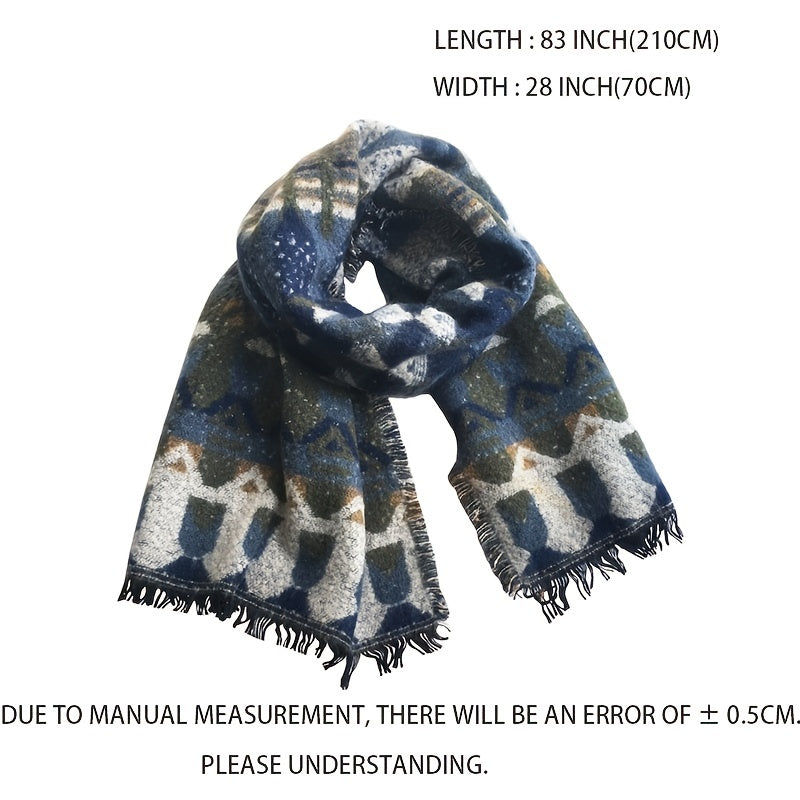 Vintage Geometric Print Thickened Scarf Bohemian Shawl Frayed Edge Cape