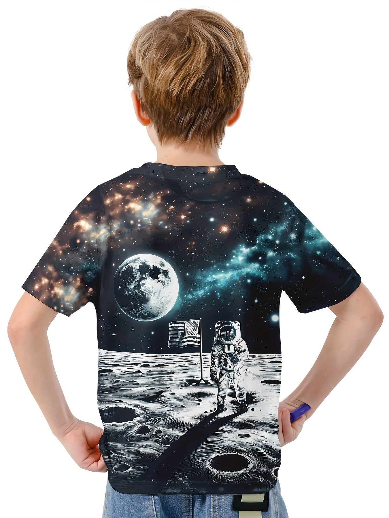 Astronaut on Moon 3D Print Boy's Casual Tees Short Sleeve