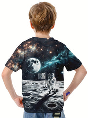 Astronaut on Moon 3D Print Boy's Casual Tees Short Sleeve
