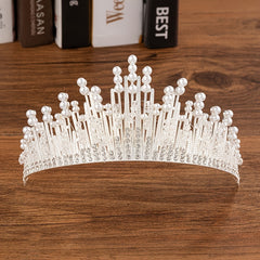 Faux Pearl Rhinestone Crown Earrings Necklace Set Princess Tiara