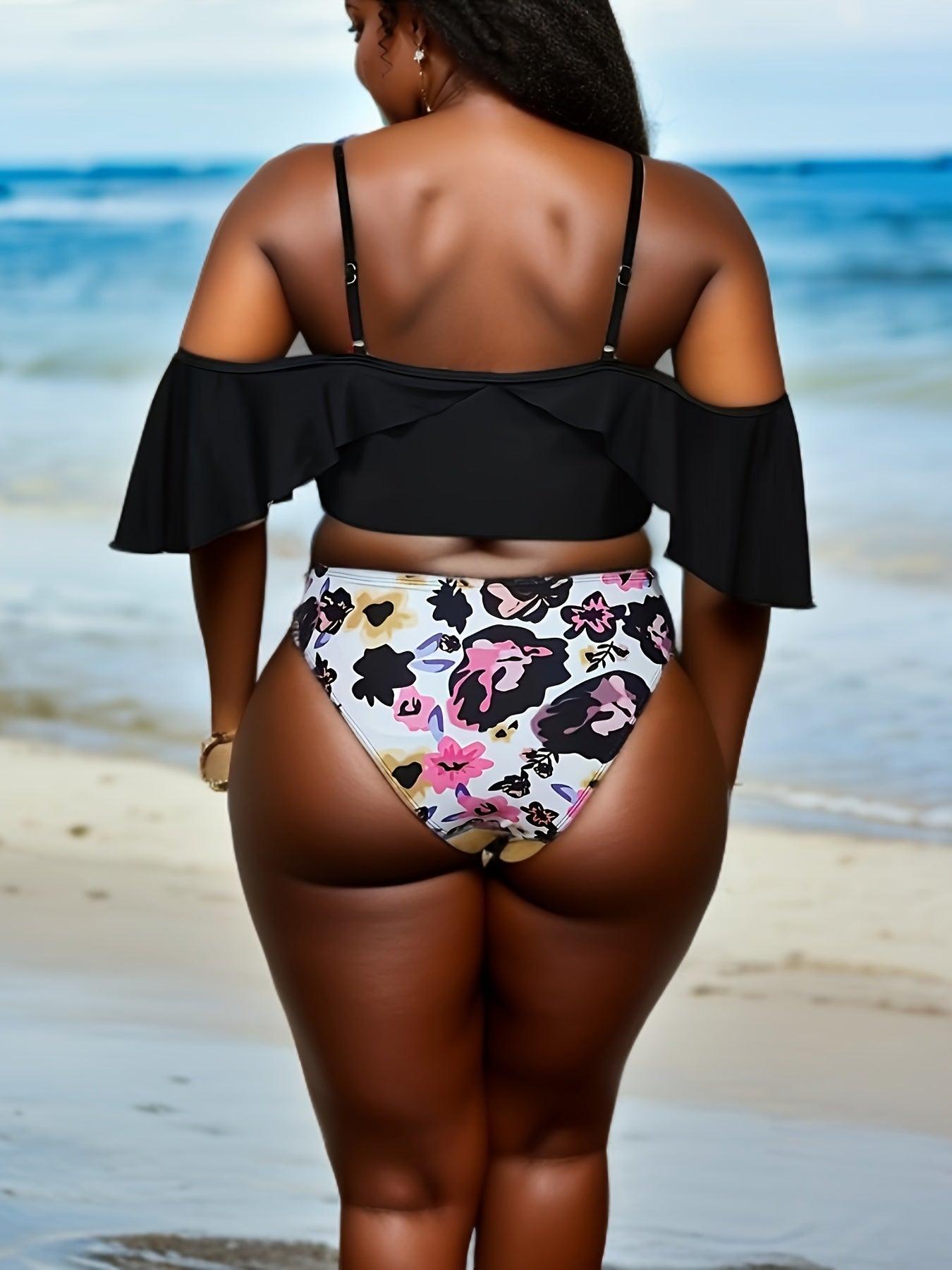 Cold Shoulder Bikini Set with Ruffle Trim & Cover Up Skirt