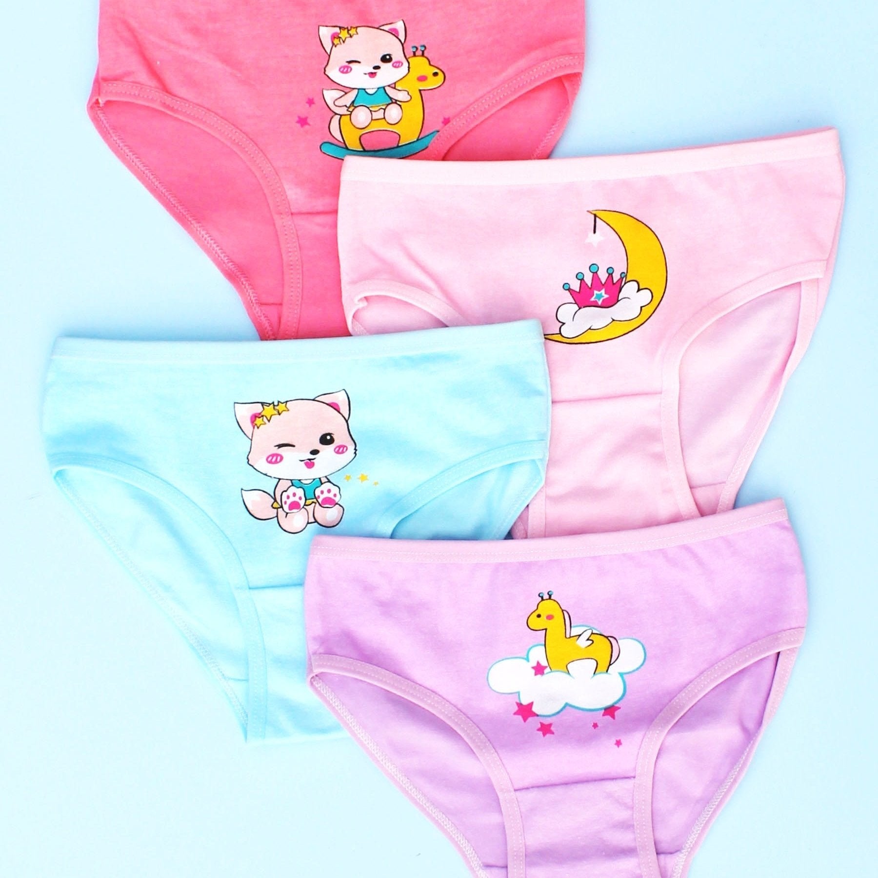 4pcs Girls Triangle Panties Fox Moon Print Elastic Waist Comfortable Underwear