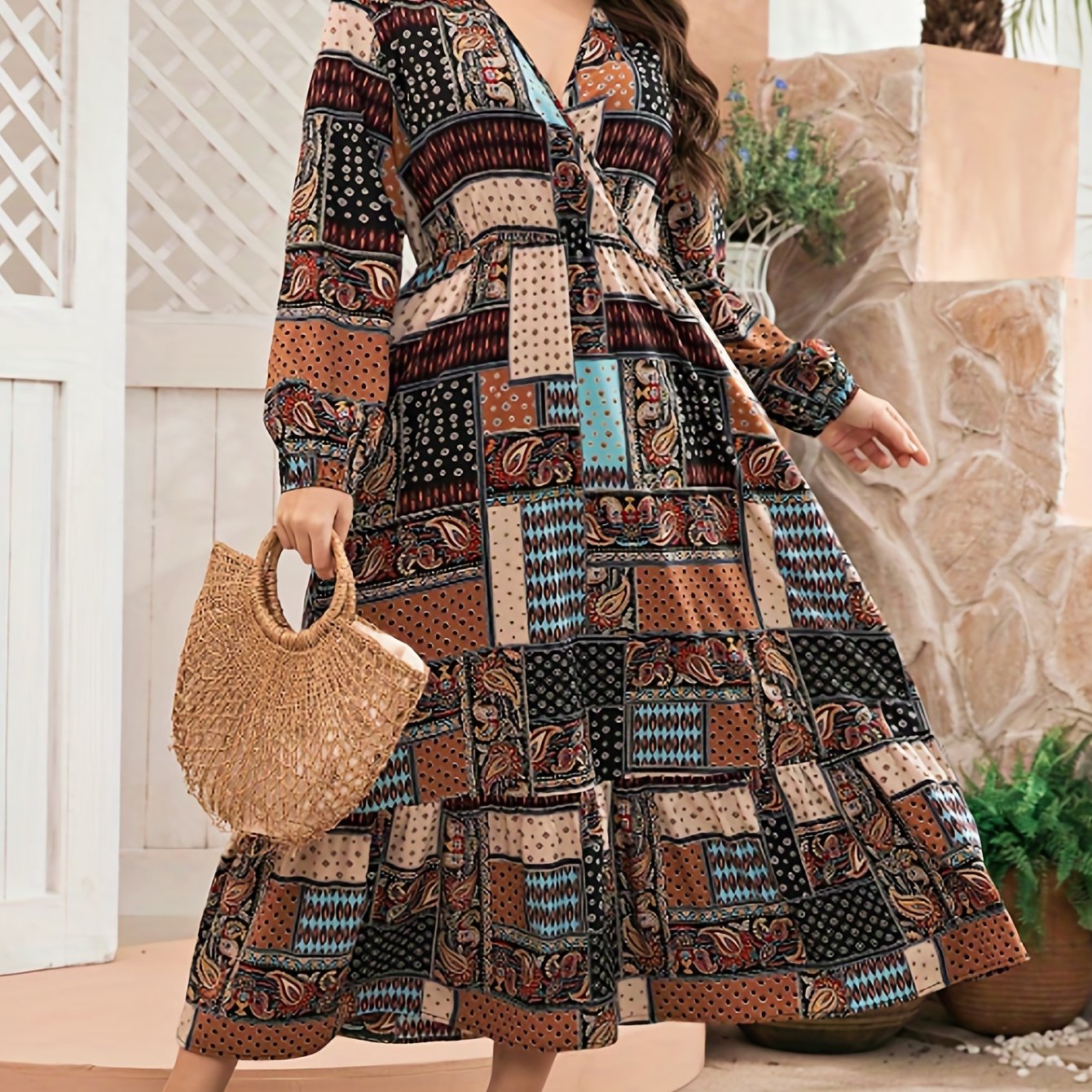 Boho Abaya Dress Paisley & Scarf Print Smock Maxi Jalabiya