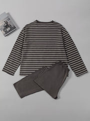 Striped Print Pajama Set Long Sleeve Crew Neck Top & Elastic Waistband Pants