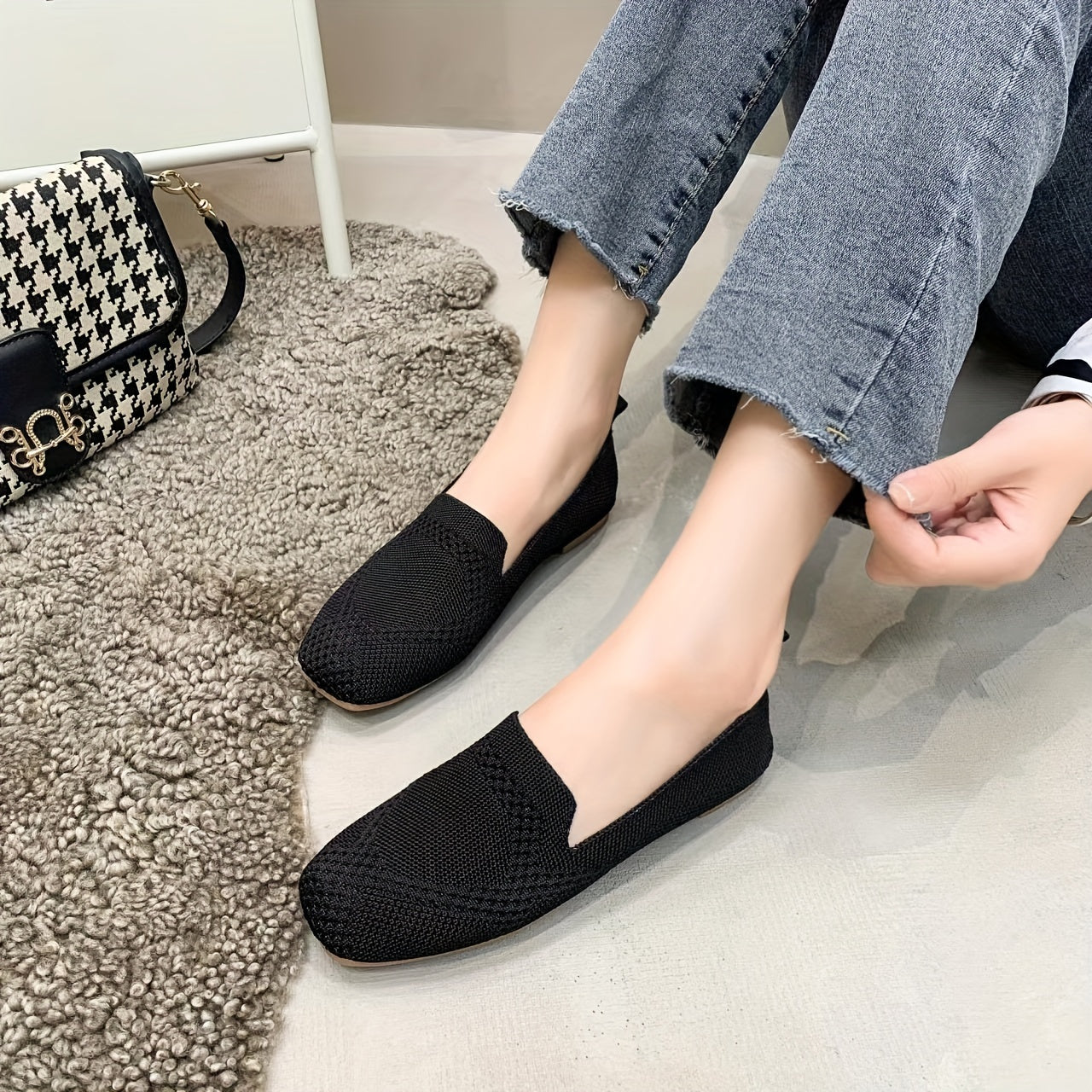 Women's Knitted Square Toe Slip-On Shoes Comfy & Versatile Flats