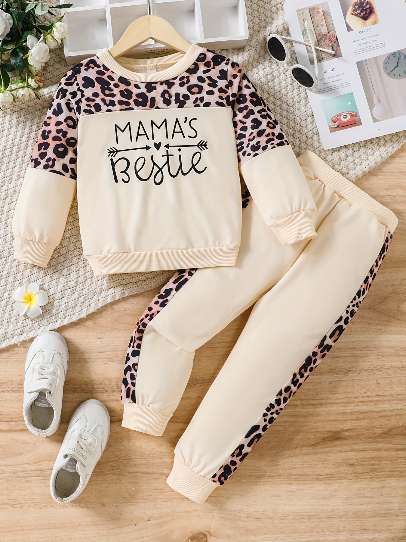 Girls Leopard Patchwork Sweatshirt Pants Set