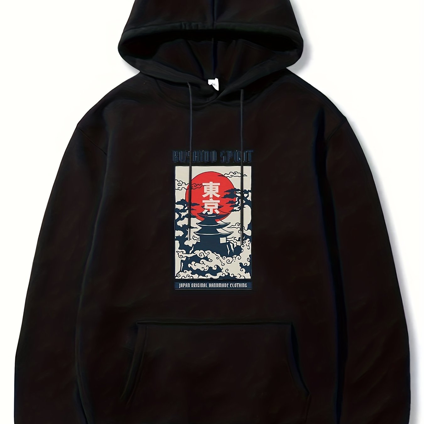 Japanese Style Print Hoodies For Men Graphic Sweatshirt With Kangaroo Pocket