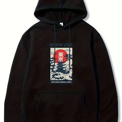 Japanese Style Print Hoodies For Men Graphic Sweatshirt With Kangaroo Pocket
